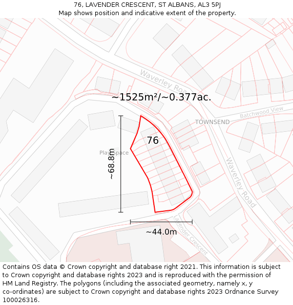 76, LAVENDER CRESCENT, ST ALBANS, AL3 5PJ: Plot and title map