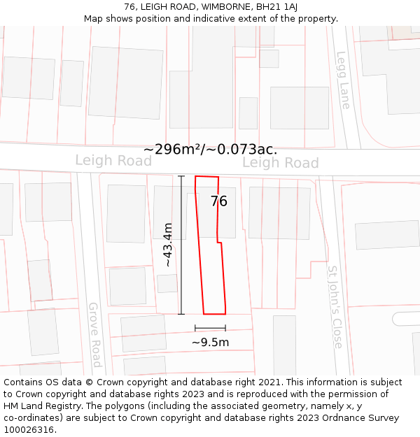 76, LEIGH ROAD, WIMBORNE, BH21 1AJ: Plot and title map