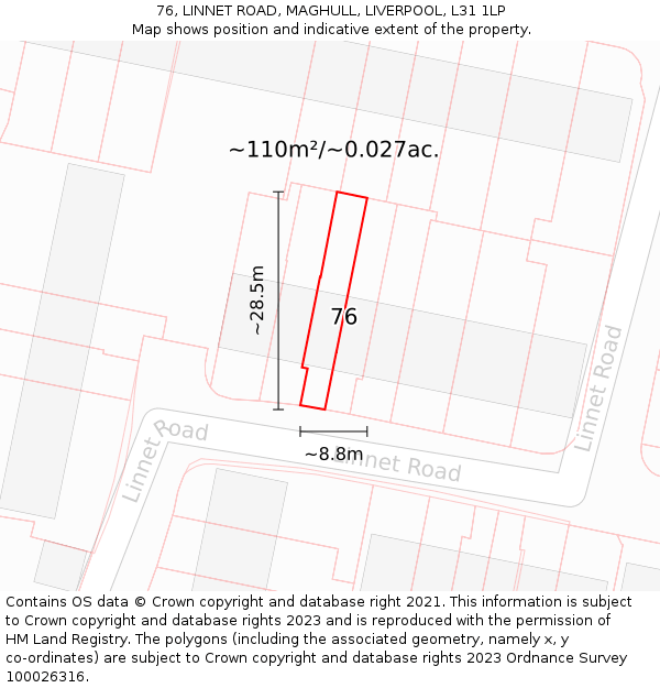 76, LINNET ROAD, MAGHULL, LIVERPOOL, L31 1LP: Plot and title map