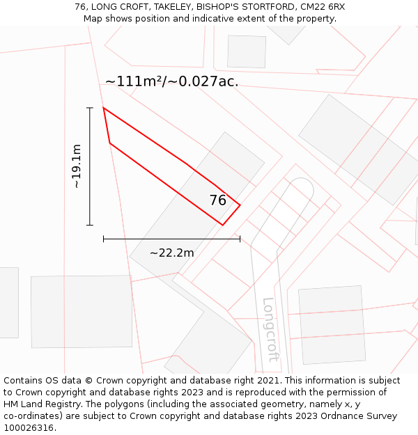 76, LONG CROFT, TAKELEY, BISHOP'S STORTFORD, CM22 6RX: Plot and title map