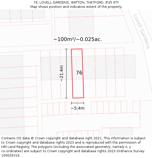 76, LOVELL GARDENS, WATTON, THETFORD, IP25 6TY: Plot and title map