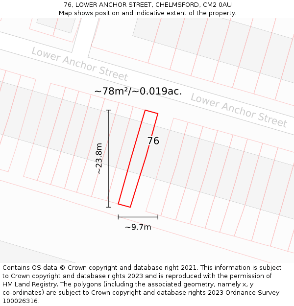 76, LOWER ANCHOR STREET, CHELMSFORD, CM2 0AU: Plot and title map