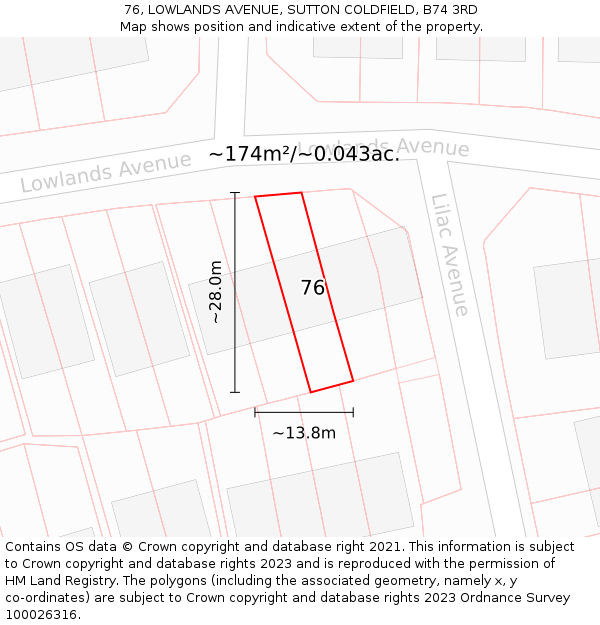 76, LOWLANDS AVENUE, SUTTON COLDFIELD, B74 3RD: Plot and title map