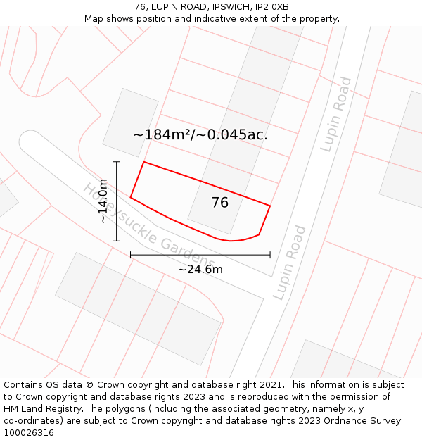 76, LUPIN ROAD, IPSWICH, IP2 0XB: Plot and title map