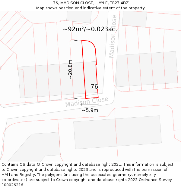 76, MADISON CLOSE, HAYLE, TR27 4BZ: Plot and title map