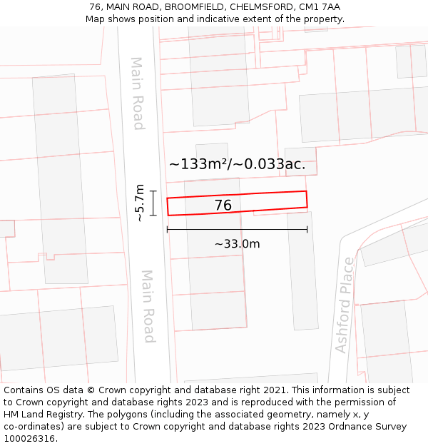 76, MAIN ROAD, BROOMFIELD, CHELMSFORD, CM1 7AA: Plot and title map