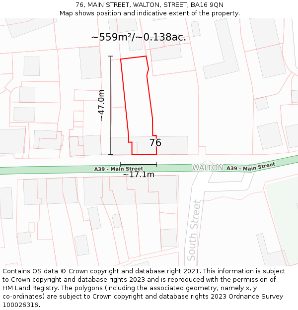 76, MAIN STREET, WALTON, STREET, BA16 9QN: Plot and title map