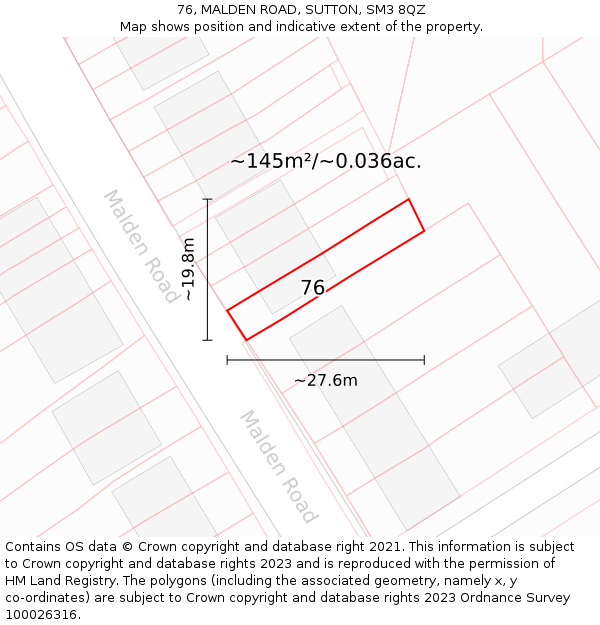 76, MALDEN ROAD, SUTTON, SM3 8QZ: Plot and title map