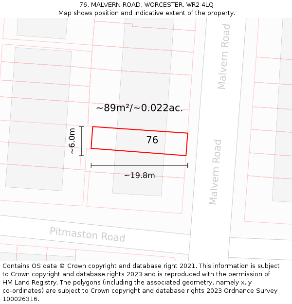 76, MALVERN ROAD, WORCESTER, WR2 4LQ: Plot and title map