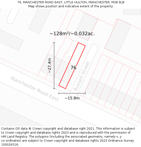 76, MANCHESTER ROAD EAST, LITTLE HULTON, MANCHESTER, M38 9LB: Plot and title map