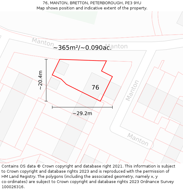 76, MANTON, BRETTON, PETERBOROUGH, PE3 9YU: Plot and title map