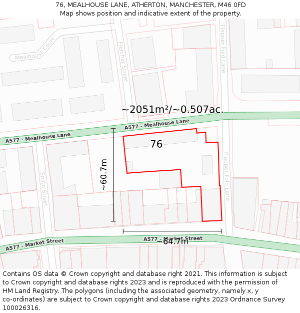 76, MEALHOUSE LANE, ATHERTON, MANCHESTER, M46 0FD: Plot and title map