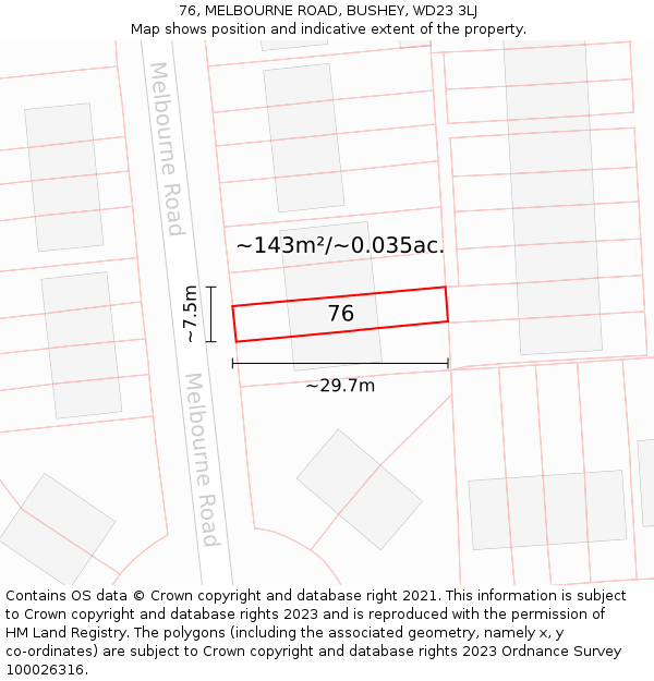 76, MELBOURNE ROAD, BUSHEY, WD23 3LJ: Plot and title map