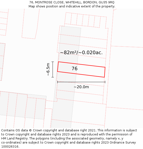 76, MONTROSE CLOSE, WHITEHILL, BORDON, GU35 9RQ: Plot and title map