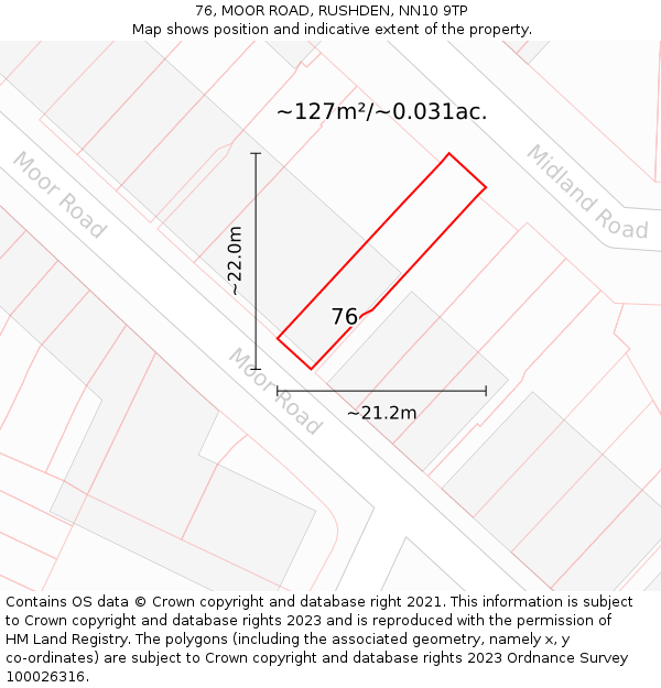76, MOOR ROAD, RUSHDEN, NN10 9TP: Plot and title map