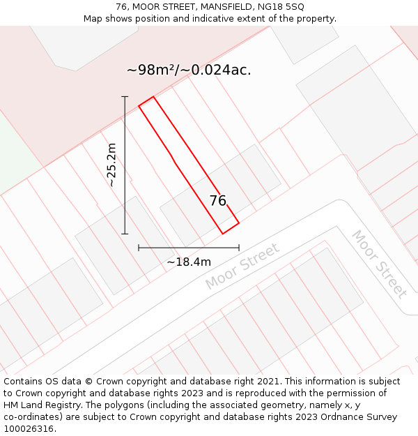 76, MOOR STREET, MANSFIELD, NG18 5SQ: Plot and title map