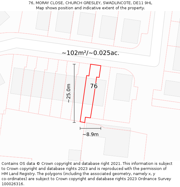 76, MORAY CLOSE, CHURCH GRESLEY, SWADLINCOTE, DE11 9HL: Plot and title map