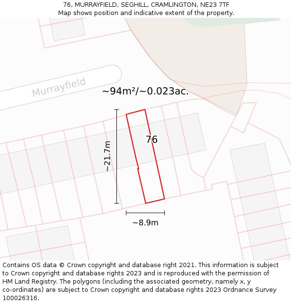 76, MURRAYFIELD, SEGHILL, CRAMLINGTON, NE23 7TF: Plot and title map
