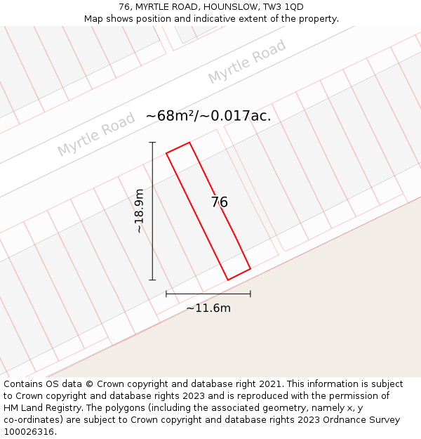 76, MYRTLE ROAD, HOUNSLOW, TW3 1QD: Plot and title map