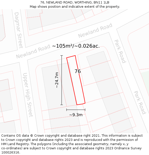 76, NEWLAND ROAD, WORTHING, BN11 1LB: Plot and title map