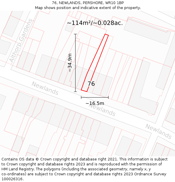 76, NEWLANDS, PERSHORE, WR10 1BP: Plot and title map