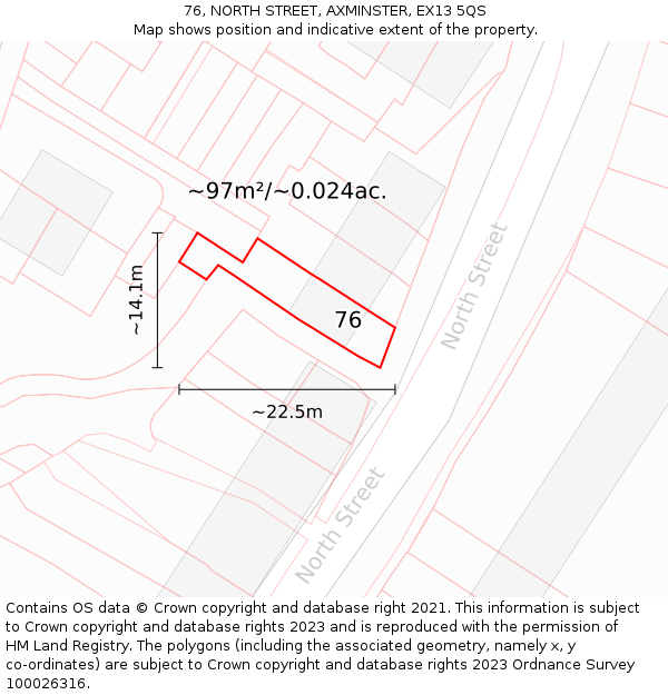76, NORTH STREET, AXMINSTER, EX13 5QS: Plot and title map
