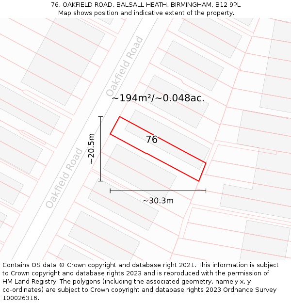 76, OAKFIELD ROAD, BALSALL HEATH, BIRMINGHAM, B12 9PL: Plot and title map