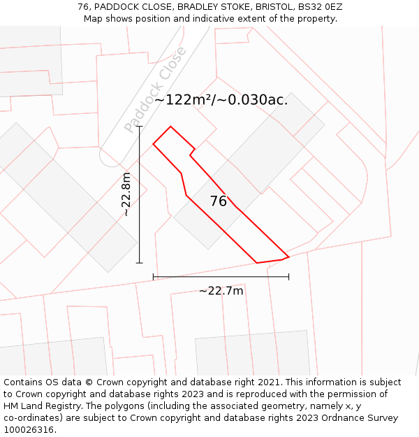 76, PADDOCK CLOSE, BRADLEY STOKE, BRISTOL, BS32 0EZ: Plot and title map