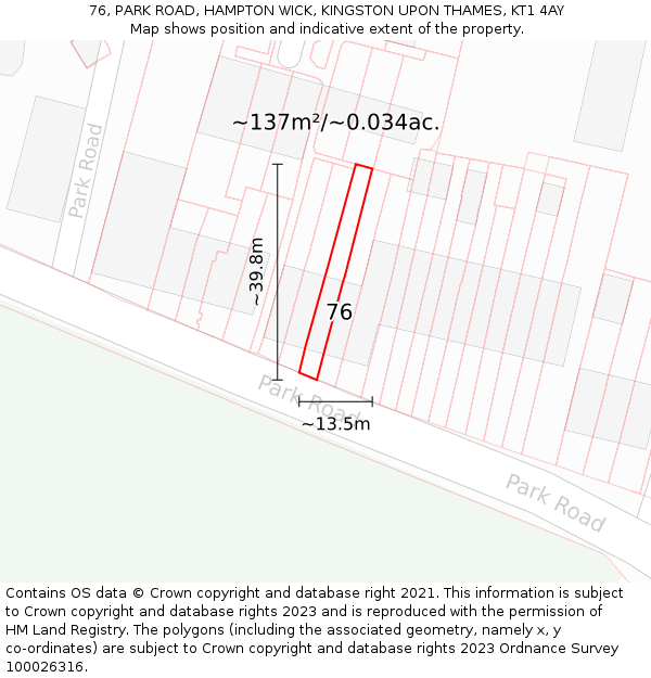 76, PARK ROAD, HAMPTON WICK, KINGSTON UPON THAMES, KT1 4AY: Plot and title map