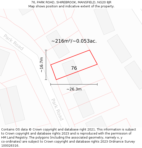 76, PARK ROAD, SHIREBROOK, MANSFIELD, NG20 8JR: Plot and title map
