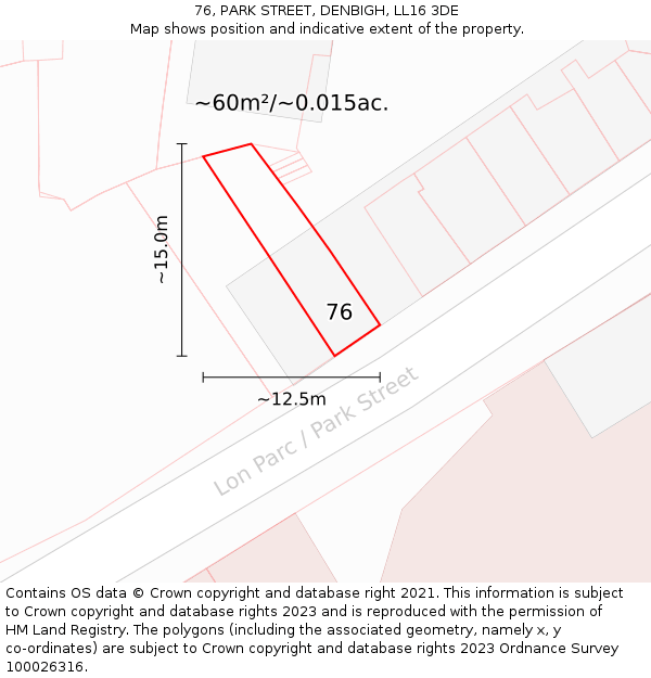 76, PARK STREET, DENBIGH, LL16 3DE: Plot and title map