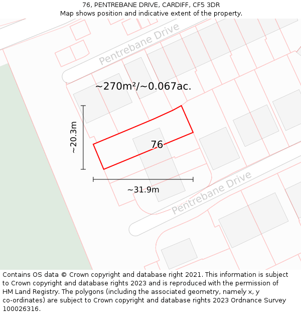 76, PENTREBANE DRIVE, CARDIFF, CF5 3DR: Plot and title map