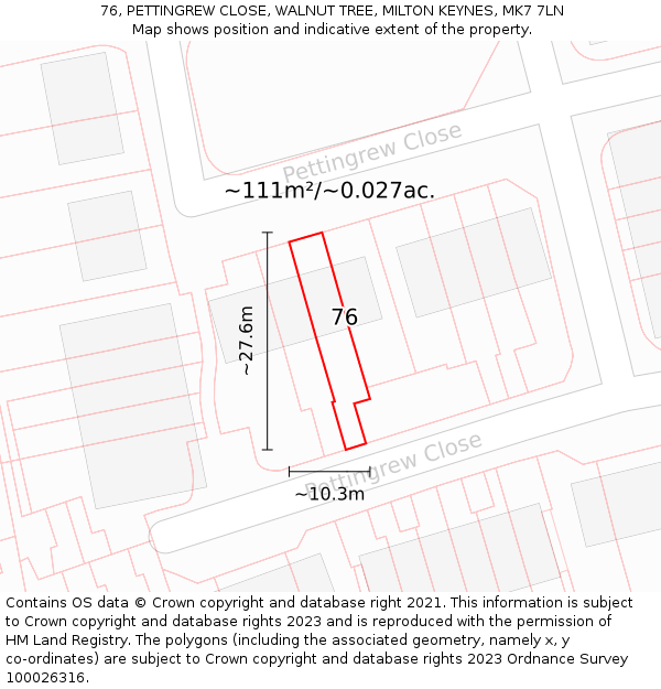 76, PETTINGREW CLOSE, WALNUT TREE, MILTON KEYNES, MK7 7LN: Plot and title map