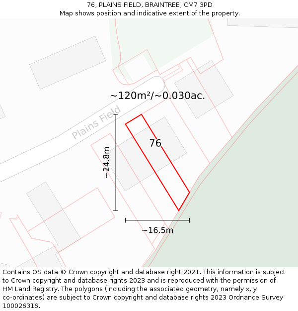 76, PLAINS FIELD, BRAINTREE, CM7 3PD: Plot and title map