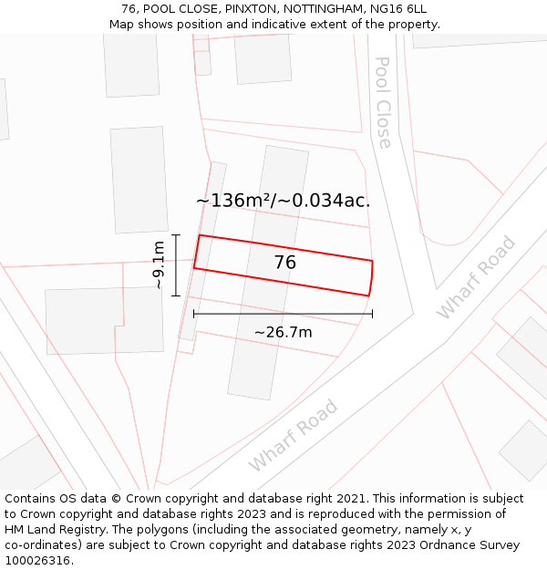 76, POOL CLOSE, PINXTON, NOTTINGHAM, NG16 6LL: Plot and title map