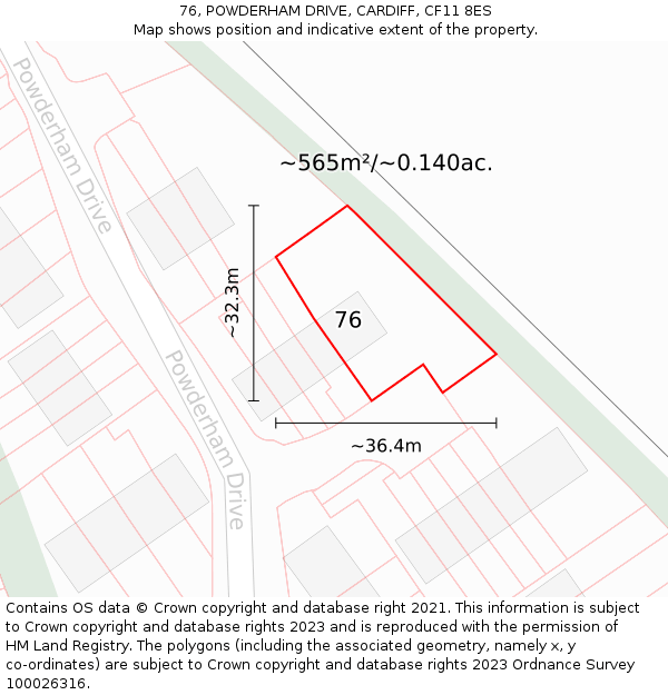 76, POWDERHAM DRIVE, CARDIFF, CF11 8ES: Plot and title map