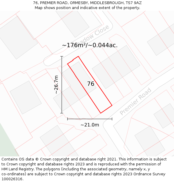 76, PREMIER ROAD, ORMESBY, MIDDLESBROUGH, TS7 9AZ: Plot and title map