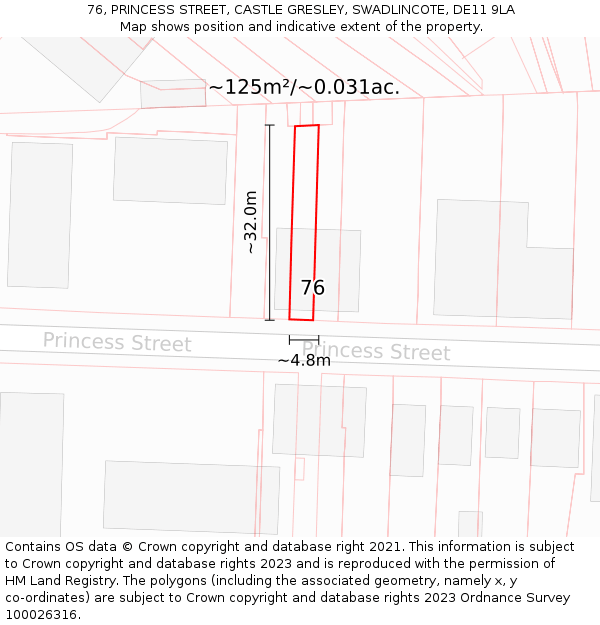 76, PRINCESS STREET, CASTLE GRESLEY, SWADLINCOTE, DE11 9LA: Plot and title map