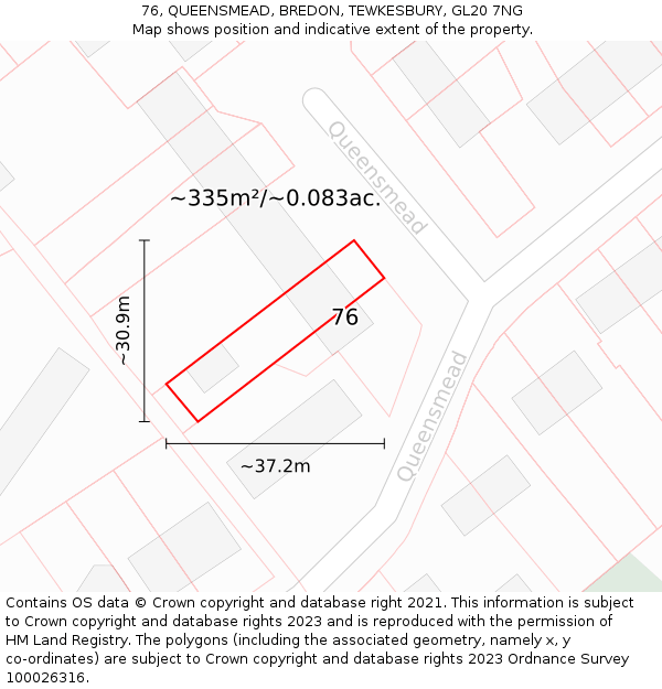 76, QUEENSMEAD, BREDON, TEWKESBURY, GL20 7NG: Plot and title map