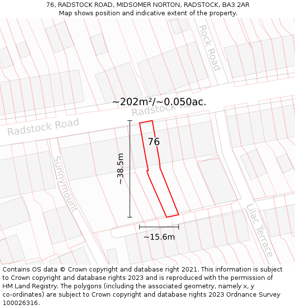 76, RADSTOCK ROAD, MIDSOMER NORTON, RADSTOCK, BA3 2AR: Plot and title map