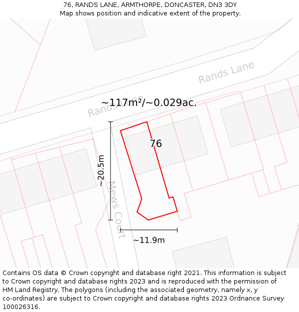 76, RANDS LANE, ARMTHORPE, DONCASTER, DN3 3DY: Plot and title map