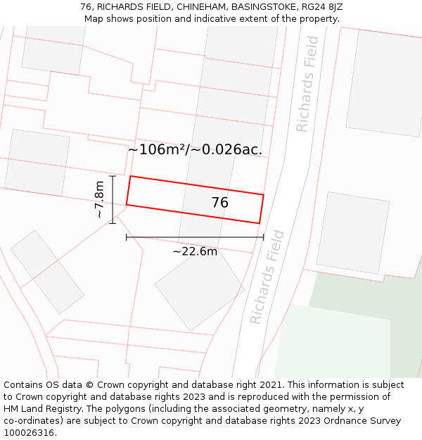 76, RICHARDS FIELD, CHINEHAM, BASINGSTOKE, RG24 8JZ: Plot and title map