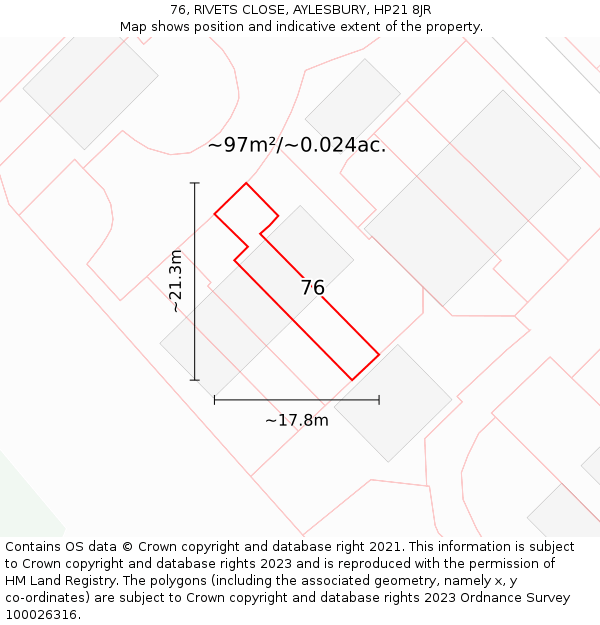 76, RIVETS CLOSE, AYLESBURY, HP21 8JR: Plot and title map