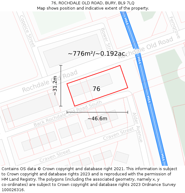 76, ROCHDALE OLD ROAD, BURY, BL9 7LQ: Plot and title map