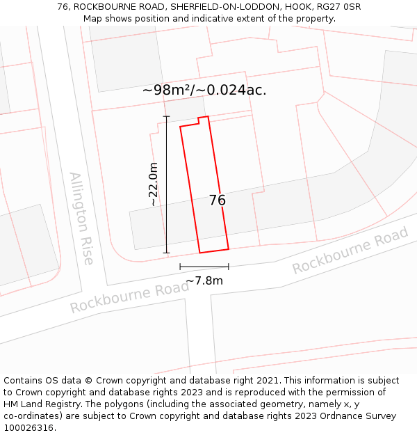 76, ROCKBOURNE ROAD, SHERFIELD-ON-LODDON, HOOK, RG27 0SR: Plot and title map