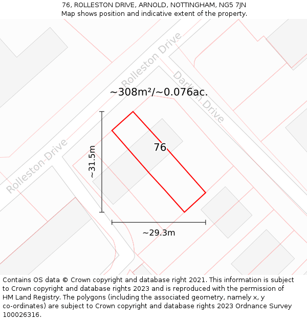 76, ROLLESTON DRIVE, ARNOLD, NOTTINGHAM, NG5 7JN: Plot and title map