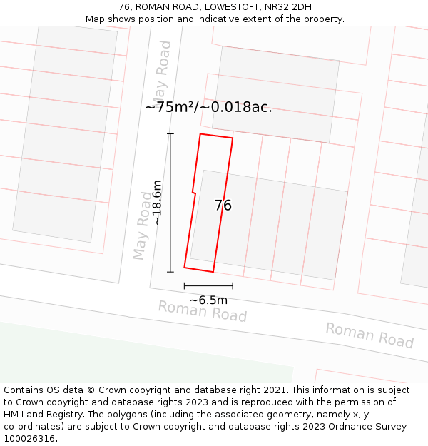 76, ROMAN ROAD, LOWESTOFT, NR32 2DH: Plot and title map