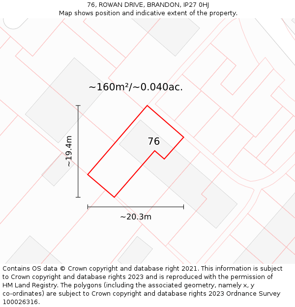76, ROWAN DRIVE, BRANDON, IP27 0HJ: Plot and title map