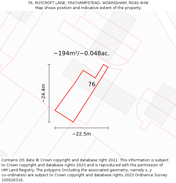 76, ROYCROFT LANE, FINCHAMPSTEAD, WOKINGHAM, RG40 4HW: Plot and title map