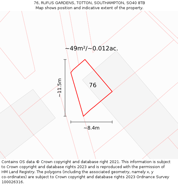 76, RUFUS GARDENS, TOTTON, SOUTHAMPTON, SO40 8TB: Plot and title map
